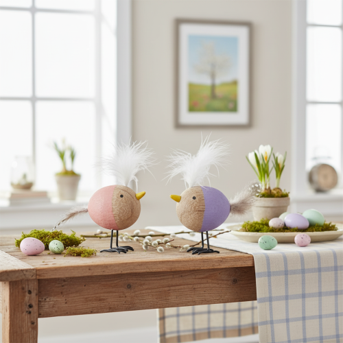 Artikel Dekorativ træfugl med fjer og farverig krop til borddekoration, 10 cm, 6 stk.