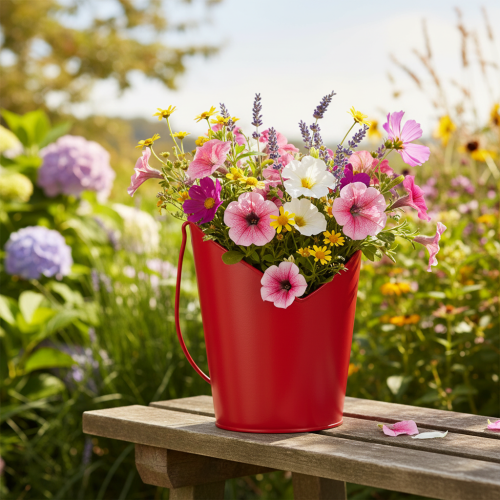 Artikel Metal plantekasse med hjertedekoration og håndtag Rød Ø12cm H15/9cm