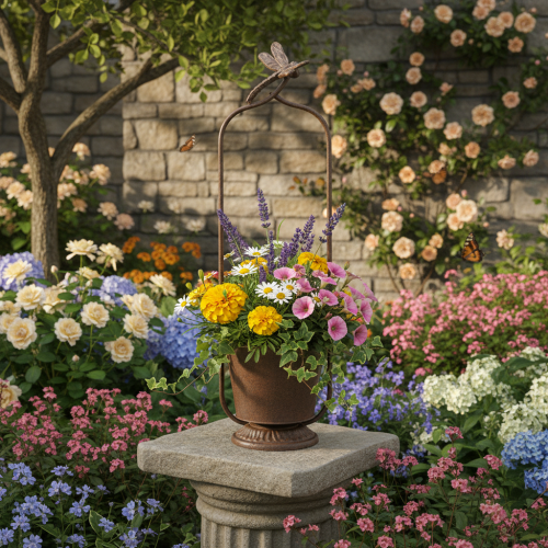 Artikel Vintage plantekasse med espalier, guldsmededesign, metal, Ø16/H62cm