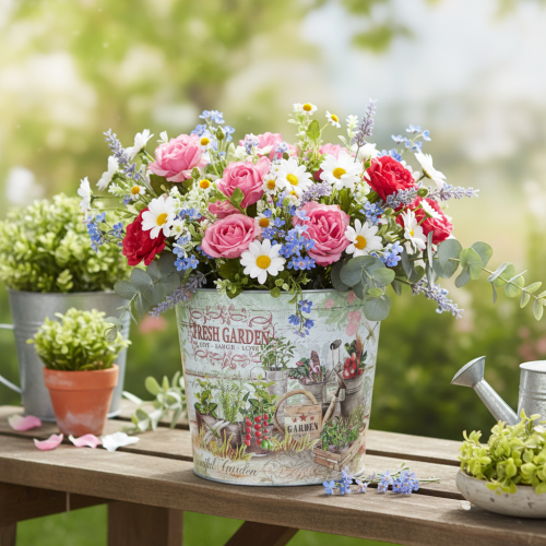 Artikel Små metalblomsterpotter, farvede, Fresh Garden, 16 cm høje, 2 stk.