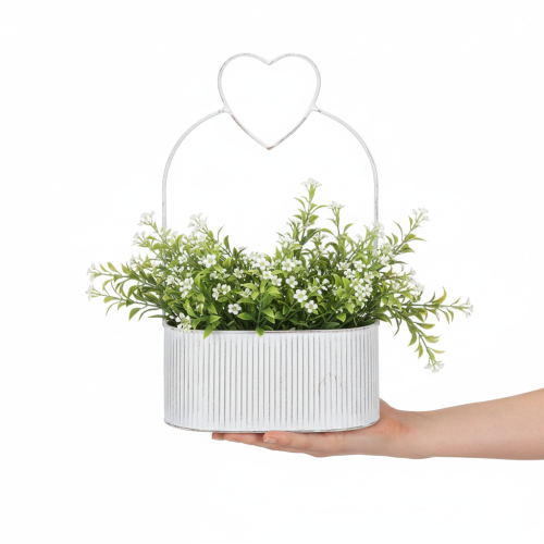 Artikel Dekorativ oval metalskål med hjerte, hvid, 20/16 cm, sæt med 2 stk.