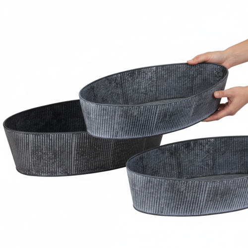 Artikel Oval metalskål, sort og grå, vintage stil, 32,5/37 cm, sæt med 2.