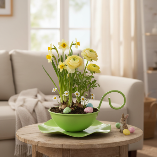 Artikel Dekorativ metalkop med underkop, lysegrøn, H8 cm Ø11,5 cm, 2 stk.