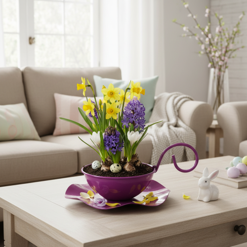 Artikel Dekorativ metal tekop på underkop, lilla, Ø11,5 cm, H8 cm, 2 stk.