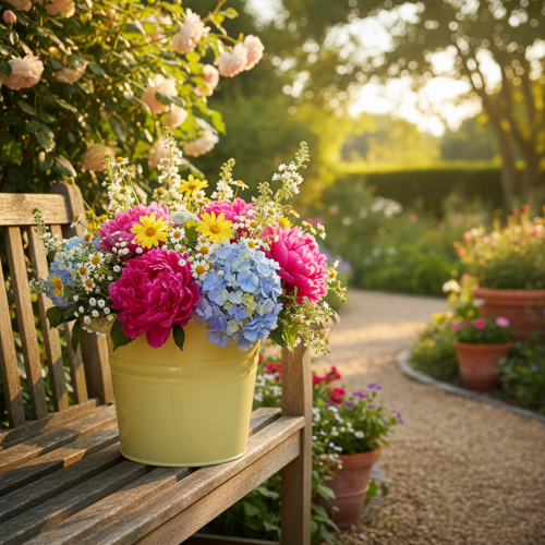 Artikel Dekorativ metalpotte, grøn/gul, urtepotte, 31x26x21,5 cm