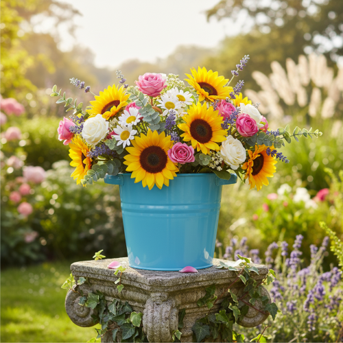 Artikel Dekorativ metalblomsterpotte/plantekrukke i blå, 31 cm x 26 cm x 21,5 cm