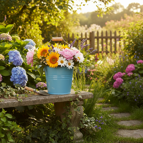 Artikel Dekorativ spand, metal, træhåndtag, urtepotte, blå, 16 cm høj, 2 stk.