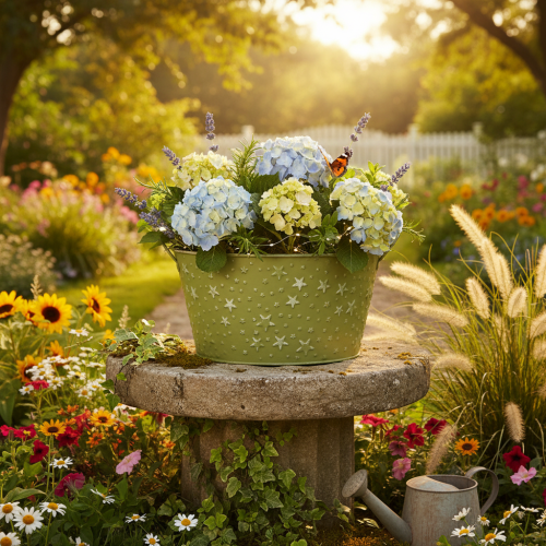Artikel Metalskål med stjerner og hanke, grøn, Ø20 cm, H11,5 cm