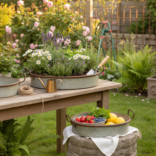 Artikel Oval metalbakke med hank, rustfarvet, 46/52 cm, sæt med 2 stk.