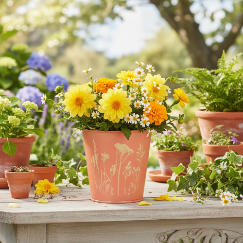 Artikel Urtepotte med blomsterdekoration, abrikosgul, Ø10,5 cm H10,5 cm