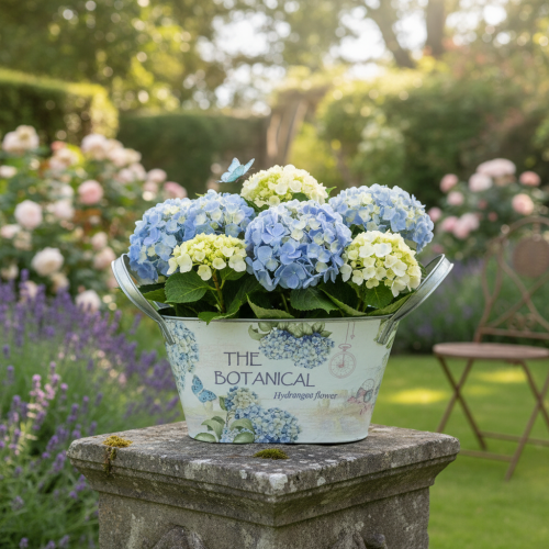 Artikel Blomsterskål med hanke, hortensia-design, metal, 26×13×14,5 cm