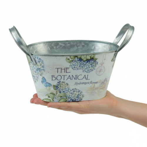 Artikel Blomsterskål med hanke, hortensia-design, metal, 26×13×14,5 cm