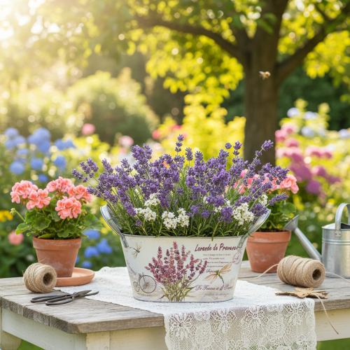 Artikel Oval metalblomsterskål med håndtag, lavendel, 26×13×14,5 cm
