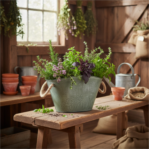 Artikel Urtepotte med hanke, taske, metal, jute, 24,5×17×15,5 cm