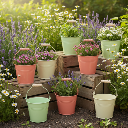 Artikel Spand med hank, plantekasse, pastelmetal, Ø10 cm H8 cm, 10 stk.