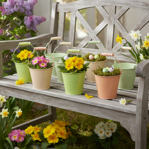 Artikel Spand med hank primulapotte metal pastel 11,5×8,5 cm 8 stk.