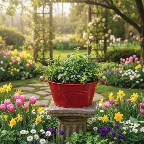 Artikel Dekorativ skål med hanke, metal blomsterskål, rød, Ø29 cm, H14,5 cm