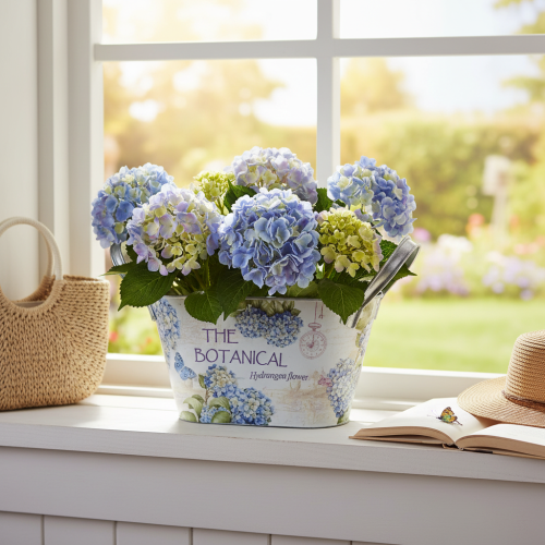 Artikel Blomsterskål med hanke, hortensia-design, metal, 26×13×14,5 cm