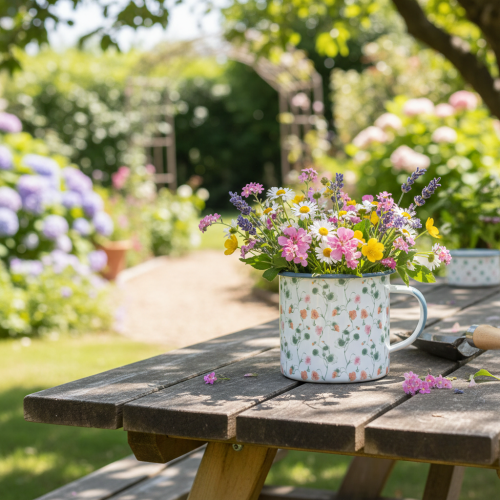 Artikel Emaljepotte, dekorativ kop med blomstermotiver, Ø11 cm