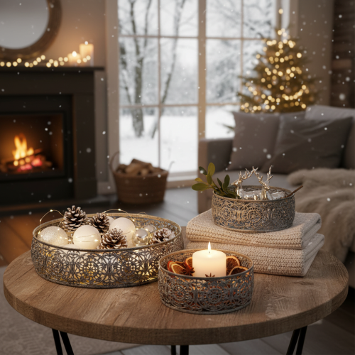 Artikel Dekorativ metalskål, gråt og hvidt mønster, Ø16/19,5/23,5 cm, sæt med 3