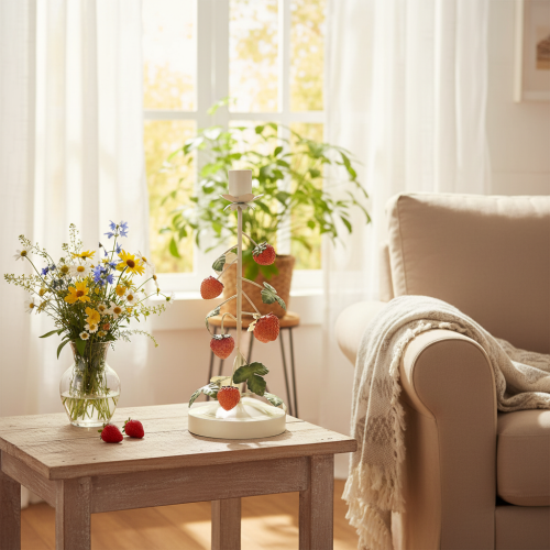 Artikel Metal lysestage med jordbærdekoration, cremefarvet, rund, H26 cm