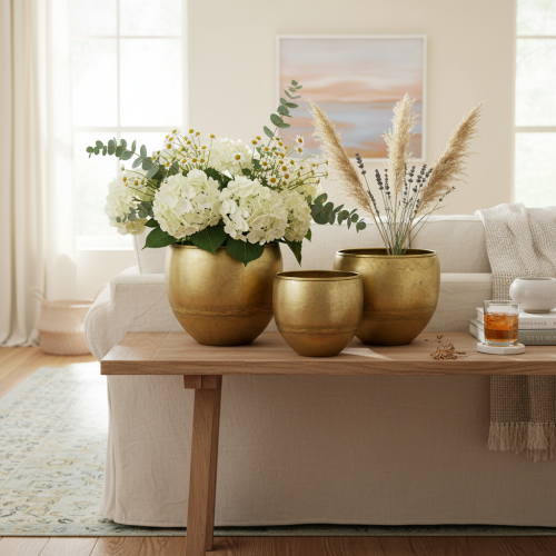 Artikel Dekorative vaser i messinglook i metal Ø18/15/12,5 cm, sæt med 3 stk.