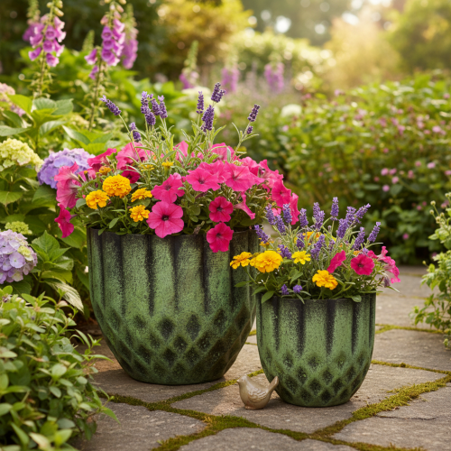 Artikel Vintage metal urtepotte, grøn, Ø14/12 cm, sæt med 2