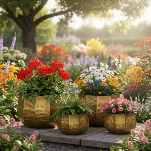 Artikel Dekorativ urtepotte i metal, messing, Ø22/18/14 cm, sæt med 3