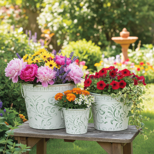 Metalpotter med hanke, plantekasser med prægning, hvid, grøn, shabby chic, H20,5/18,5/16 cm, Ø25,5/20,5/15,5 cm, sæt med 3 | Floristik24.dk