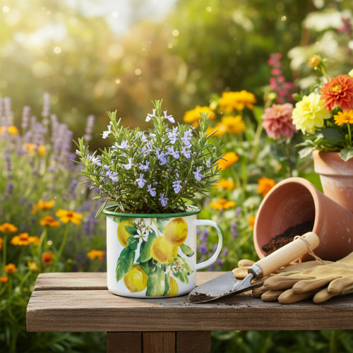 Artikel Emaljepotte, dekorativ potte med citrongren, middelhavsstil plantekasse Ø9,5 cm H10 cm