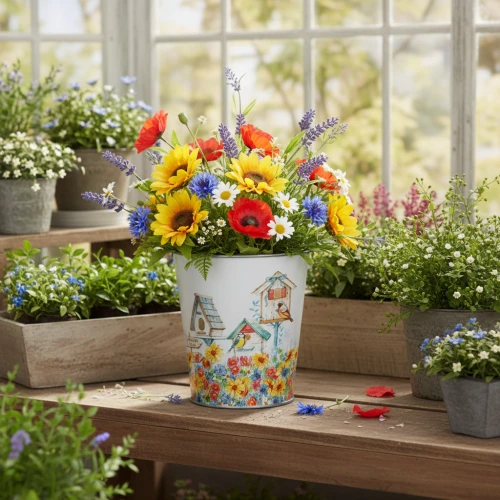 Metalpotte med motiv, plantekasse med fuglehuse, blikspand H13cm Ø11,5cm | Floristik24.dk