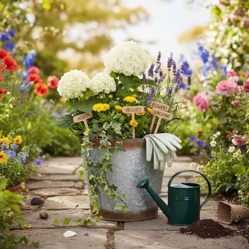 Artikel Metalplantekasse, blomsterskål, urtepotte med sølvhåndtag, forvitret stålfinish, Ø18 cm H20 cm