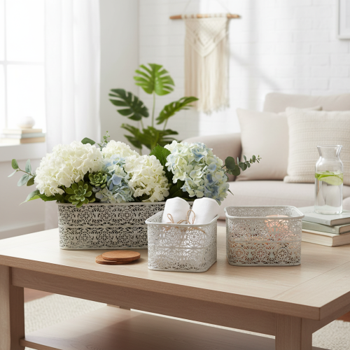 Artikel Metalskåle med hulmønster, dekorativ beholder, firkantet, shabby chic, hvid, 27/23/19 cm, H13,5 cm, sæt med 3