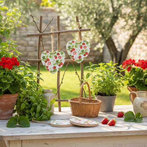 Artikel Dekorativt hjerte med jordbærmotiv – Sommerligt trævedhæng til landlig indretning, 10 cm x 10 cm, 4 stk.
