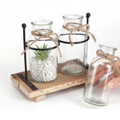 Dekorativ flaskevase, glas og træ, 23x12x19,5 cm, 2 stk. | Floristik24.dk