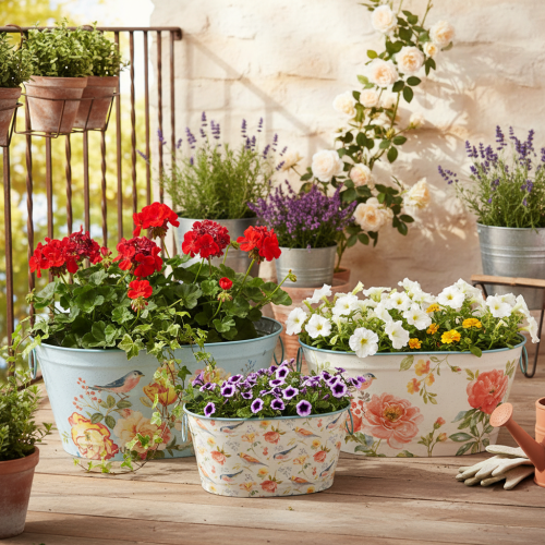 Planteskåle, forår, plantekasser til blomster/fugle, oval metalbeholder L39/31/24,5 cm, sæt med 3 | Floristik24.dk