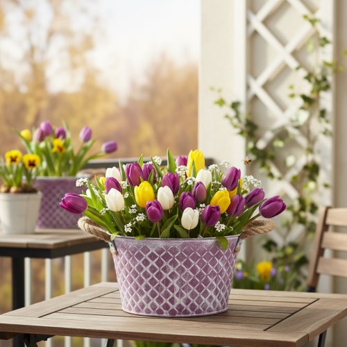 Zinkskål, diamantformet med rebhåndtag, violet og hvidvasket, Ø24,5 cm H14 cm | Floristik24.dk