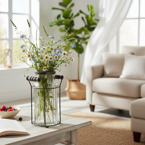 Artikel Glasflaske i metalkurv, ideel til dekorative detaljer i stuen, 20 cm