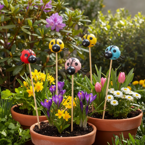 Artikel Mariehøne dekorative figurer til urtepotter og blomsterarrangementer til forårsdekoration, 32 cm, 16 stk.