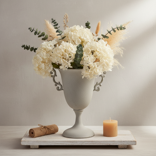 Artikel Vintage metalpokal, grå, dekorativ pokal med håndtag, antikt look, Ø20,5 cm H26,5 cm, til borddekoration og blomsterdekoration