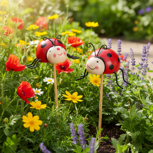 Mariehøne havepæle, dekoration til forår og sommer, blomsterdekoration, 31 cm, 4 stk. | Floristik24.dk