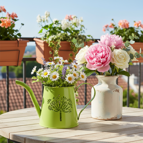 Dekorativ metalvandkande, mælkebøttedesign, grøn, 12 cm høj, 2 stk., dekorativ vase, shabby chic | Floristik24.dk