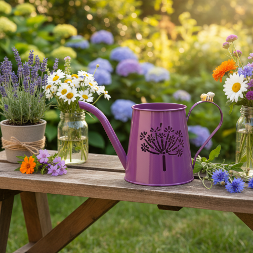 Dekorativ vandkande, lilla metal, boho design, mælkebøttedesign, 12 cm høj, 2 stk. | Floristik24.dk