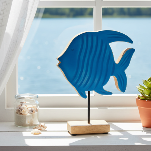 Træfiskfigur, maritim dekoration, håndlavet borddekoration til stuen, 22 cm | Floristik24.dk