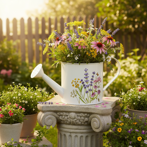 Hvid metalvandkande med blomstermotiv, 13,5 cm, dekorativ plantekasse | Floristik24.dk