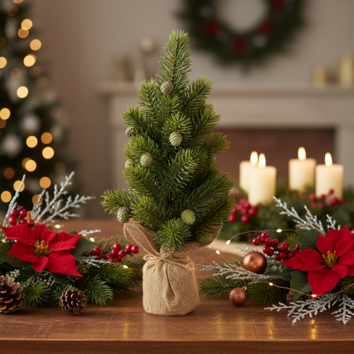 Kunstigt juletræ i jutesæk, lille borddekoration, mini juletræ, 38 cm | Floristik24.dk