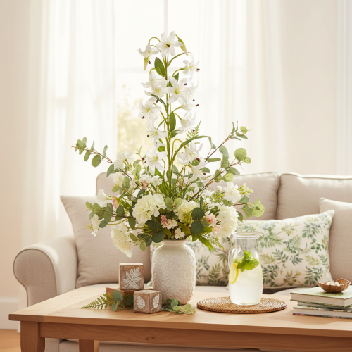 Kunstig hvid lilje med lang blomstrende gren, dekorativ, 80 cm | Floristik24.dk