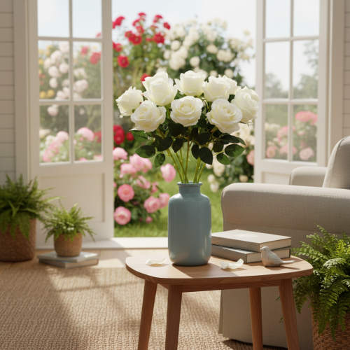 Artikel Kunstig rosenblomst, lang stilk, til vase, 62 cm, 12 stk.