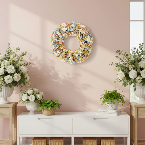 Kunstig hortensia-krans, farverig, til dør og væg, 55 cm | Floristik24.dk