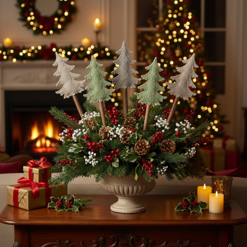 Artikel Dekorativt juletræ på pind til plantekasser og høje arrangementer, 45 cm, 6 stk.